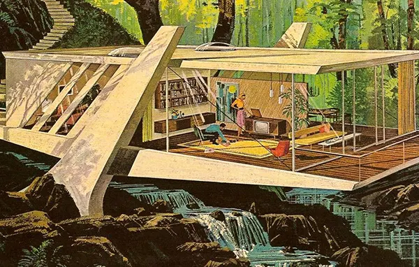 Uma casa de vidro retrofuturista com um casal dentro, com paisagem natural ao redor